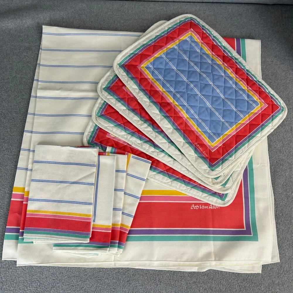 Bob Van Allen 9 Piece Tablecloth Placemats Napkins Set Colorful Stripe Vintage